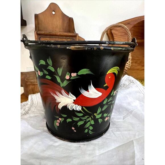 Other - VTG Hand Painted Tole Pail Bucket Bird Folk Art Shabby Country Farm Primitive